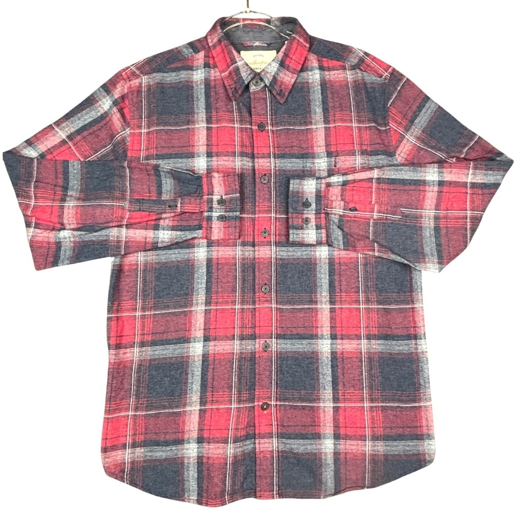 Weatherproof Vintage Mens Large Red Navy Blue Plaid Flannel Button Down Shirt